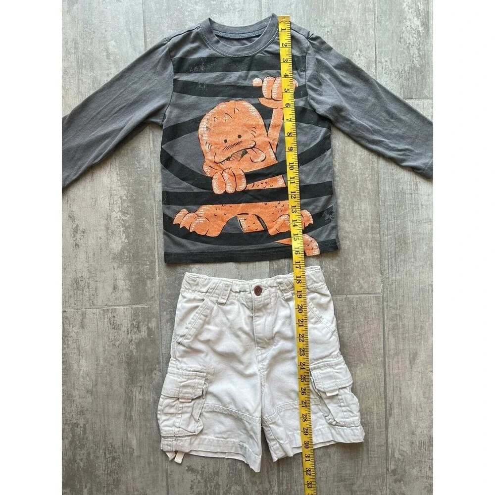 Toddler Boy 2 Piece Outfit Set Tan Khaki Cargo Shorts Long Sleeve T-Shirt Tee 3T